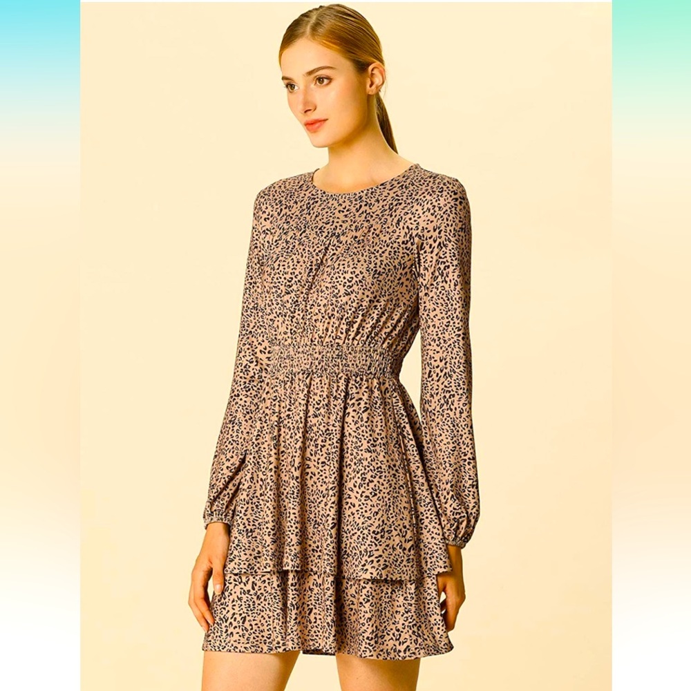 Allegra K Women's Leopard Print Long Sleeve Ruffle Mini Dress